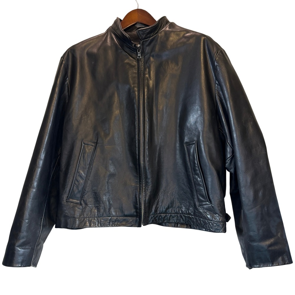 Banana Republic Mens L Black Genuine Leather Full Zip Jacket Buckle Waist Moto
